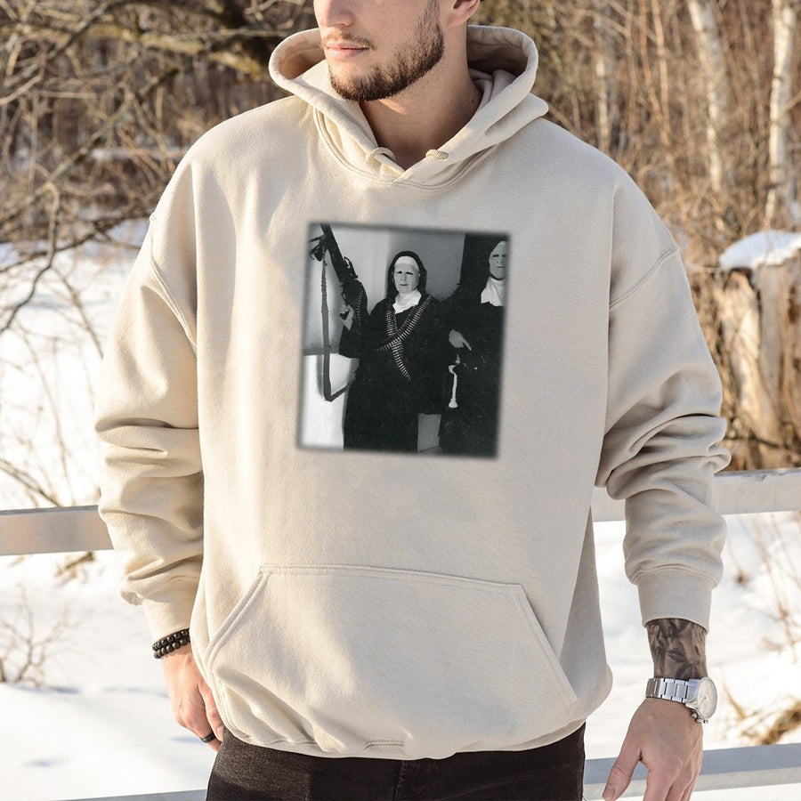 Nun With Gun Hoodie | Vintage Aesthetic Retro Graphic Print | Cotton Blend Streetwear | Edgy Alternative Gift For Men And Women