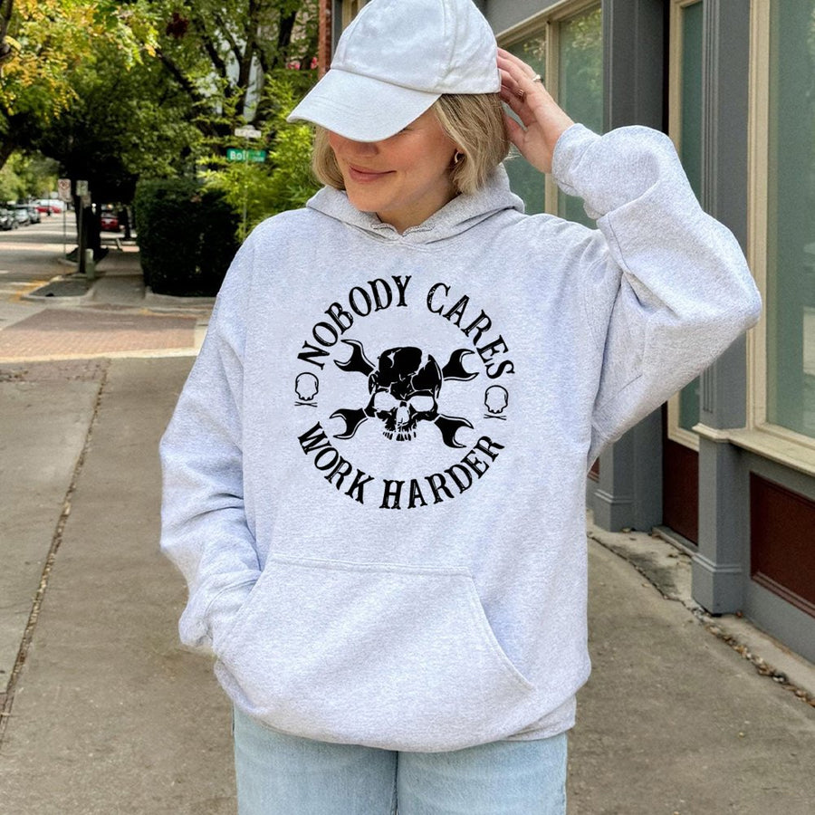 Nobody Cares Work Harder Hoodie | Mechanic Skull Wrench Graphic | Premium Cotton Blend | Motivational Gym Fitness Gift for Men and Women