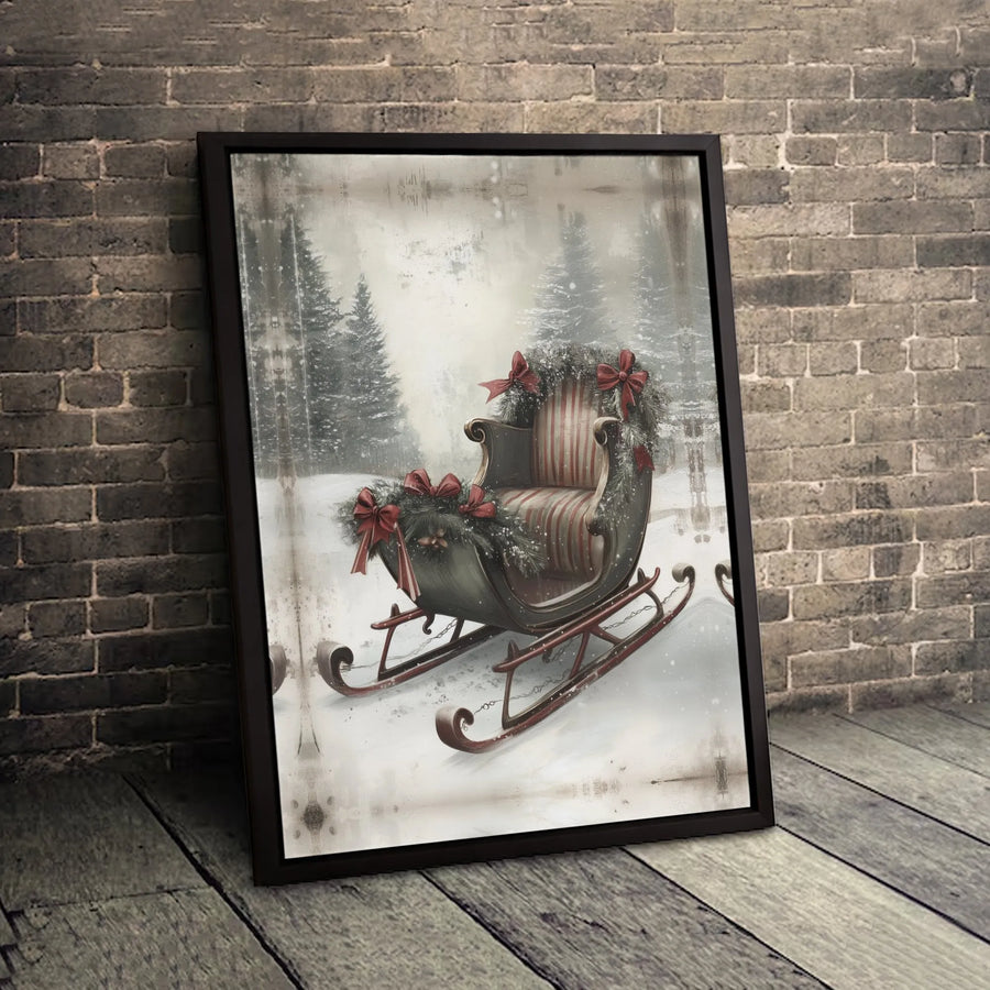 Vintage Christmas Sleigh Canvas Print | Snowy Winter Forest Scene With Red Bows | Premium Gallery Wrapped Decor | Festive Holiday Wall Art Gift
