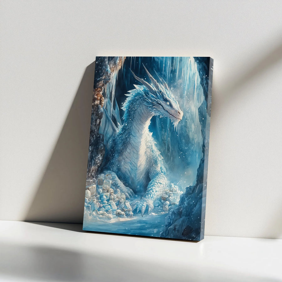 Ice Dragon Canvas Wall Art | Frozen Cave Fantasy Creature | Premium Gallery Wrap Print | Mythical Beast Decor for Fantasy Fans