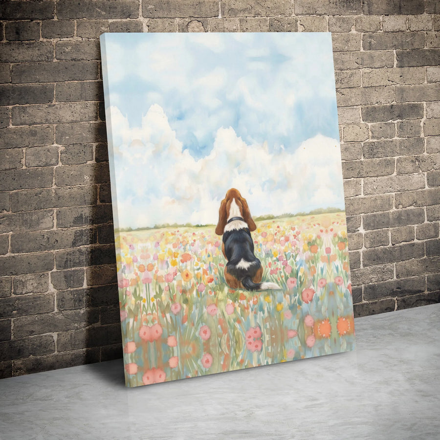 Basset Hound Wall Art | Watercolor Wildflower Meadow Print | Premium 1.25-inch Gallery Wrap Canvas | Dog Lover Home Decor Gift