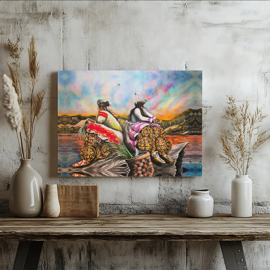 Native American Women Wall Art | Vibrant Turtle Shell Dress Landscape | Premium 1.25" Thick Canvas Print | Collector's Gift for Spiritual Home Decor