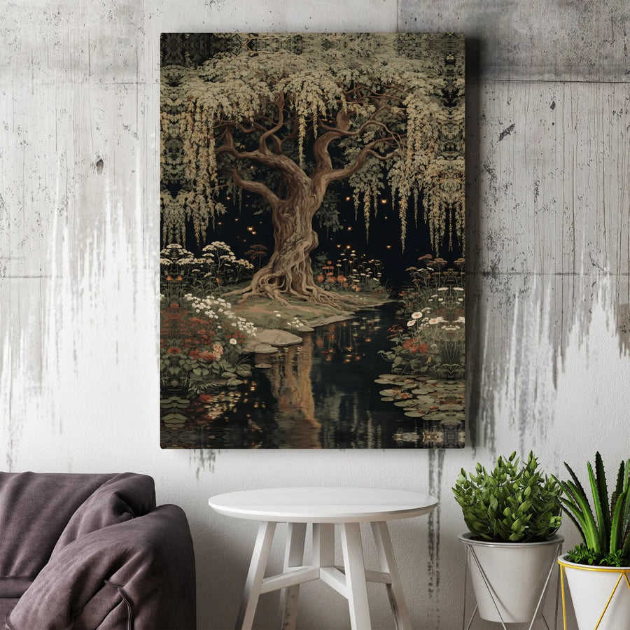 Enchanted Tree Canvas Wall Art | Vintage Firefly Night Scene | Premium Canvas Print | Dark Academia Decor Gift