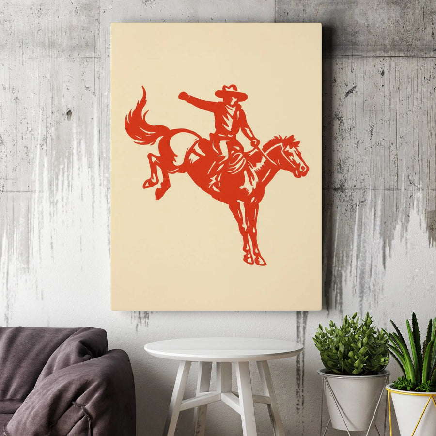 Western Rodeo Canvas Wall Art | Vintage Red Bucking Bronco Print | 1.25 Inch Gallery Wrap | Country Rustic Home Decor Gift