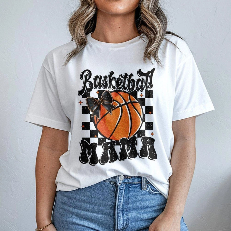 Basketball Mama T-Shirt | Retro Checkerboard Bow Graphic | Premium Soft Cotton | Stylish Game Day Gift for Basketball Moms