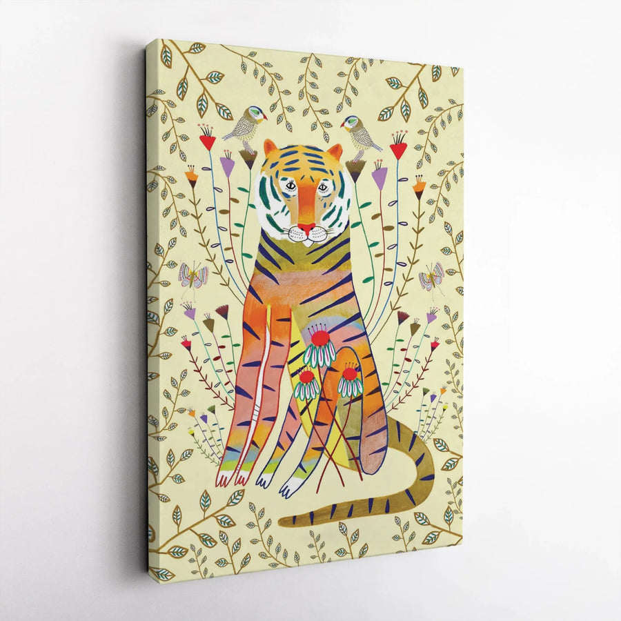 Folk Art Tiger Wall Art | Colorful Botanical Floral Canvas Print | Premium Gallery-Wrapped 1.25" Profile | Whimsical Animal Decor for Home Office