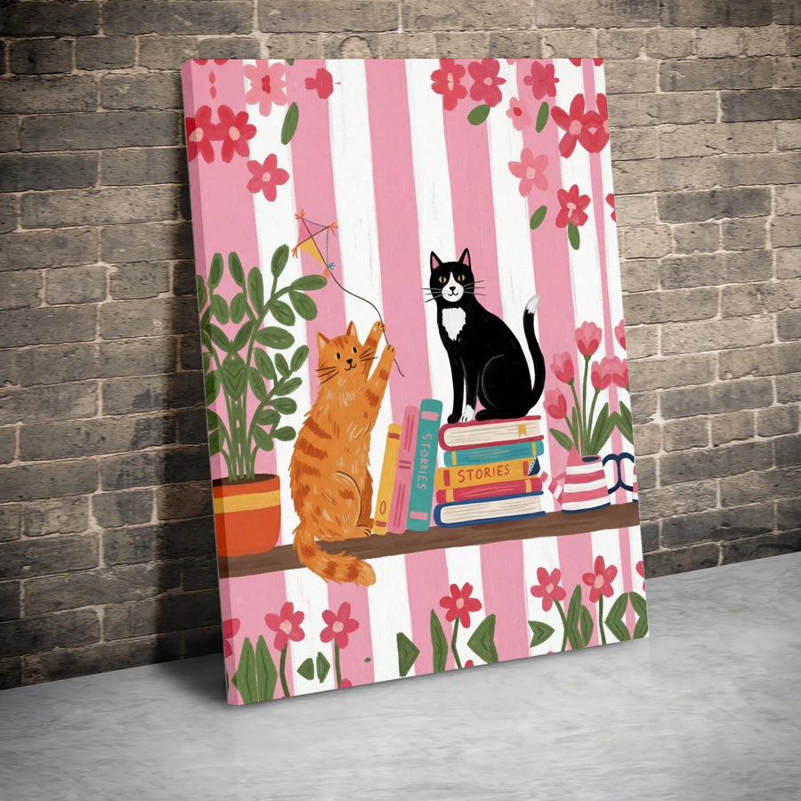Whimsical Cat Canvas Wall Art | Playful Cats on Bookshelf Illustration | Premium Canvas Print | Nursery Wall Decor Gift for Cat Lover