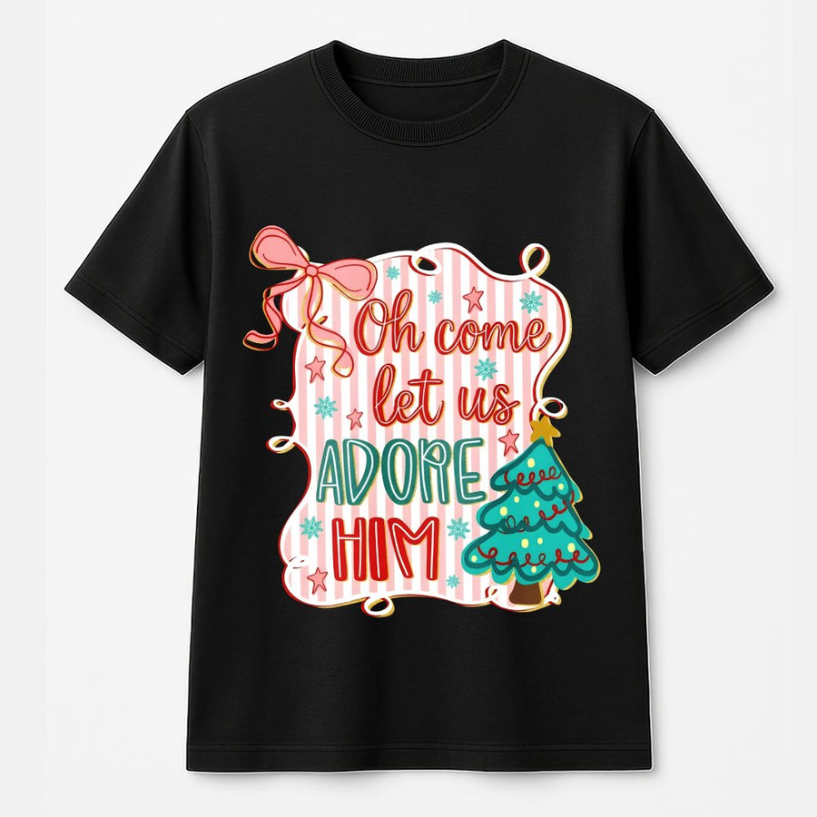 Oh Come Let Us Adore Him T-Shirt | Coquette Aesthetic Christmas Graphic Tee | Premium 100% Cotton | Religious Holiday Gift for Women