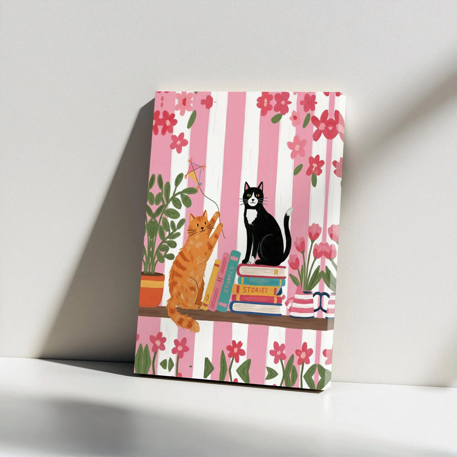 Whimsical Cat Canvas Wall Art | Playful Cats on Bookshelf Illustration | Premium Canvas Print | Nursery Wall Decor Gift for Cat Lover