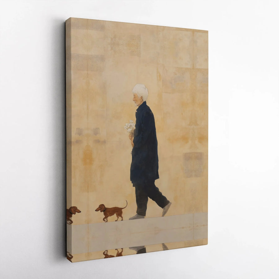 Dachshund Wall Art Canvas Print | Vintage Painting of Elderly Man Walking Sausage Dog | Premium Gallery Wrapped Canvas | Gift for Dog Lover Home Decor