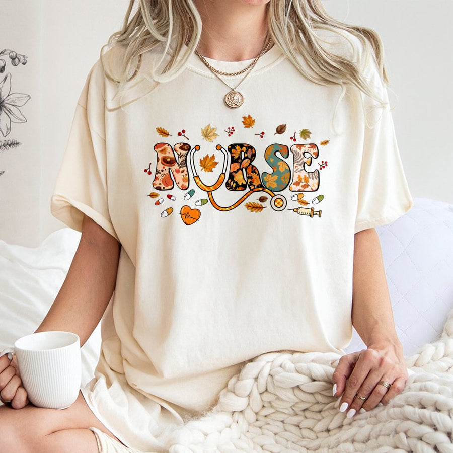 Nurse T-Shirt | Autumn Fall Leaves Stethoscope Graphic | 100% Soft Cotton Tee | Premium Nursing School Gift For Men And Women