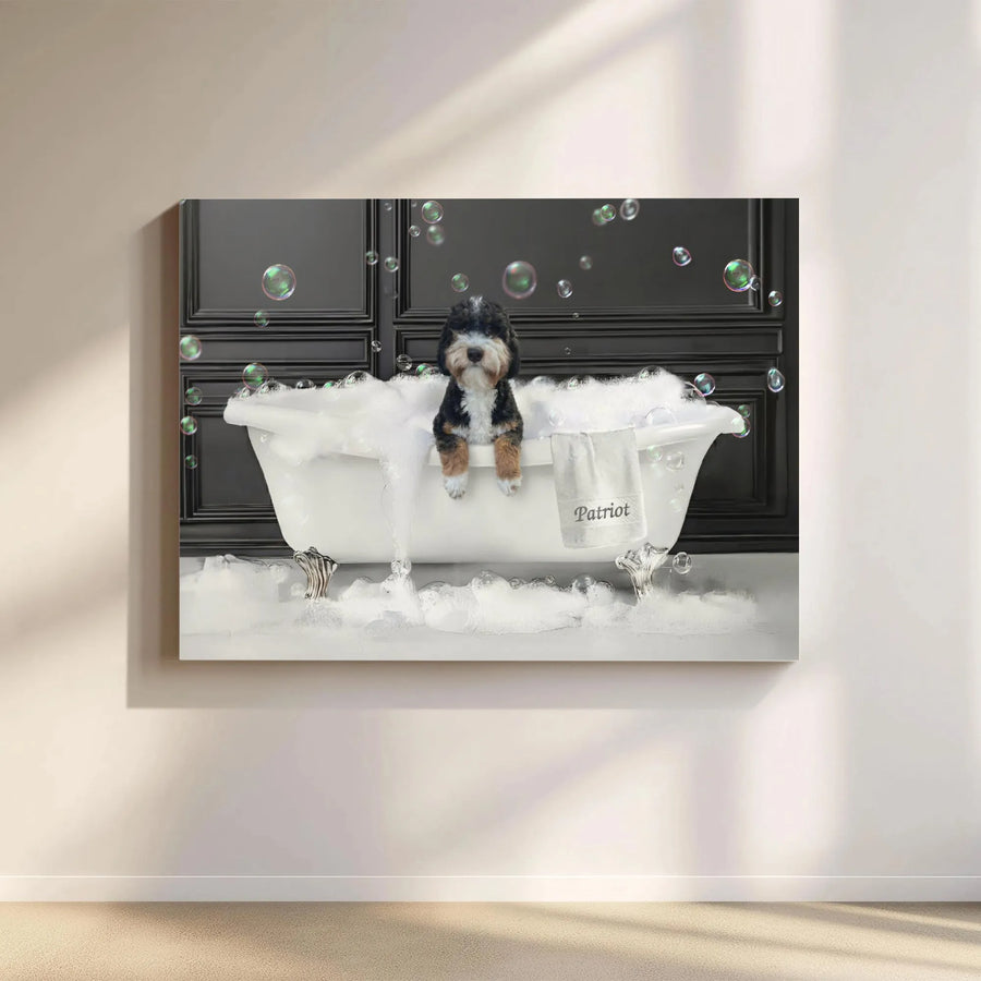 Funny Dog Wall Art | Cute Bernedoodle Puppy in Bubble Bath Canvas Print | Premium Gallery Wrapped Art | Bathroom Decor Gift for Dog Lover