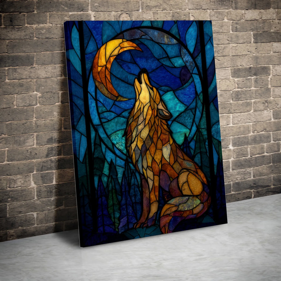 Stained Glass Wolf Canvas Wall Art | Howling Wolf at Crescent Moon Mosaic Print | Premium Gallery Wrapped Canvas | Wildlife Home Decor Gift