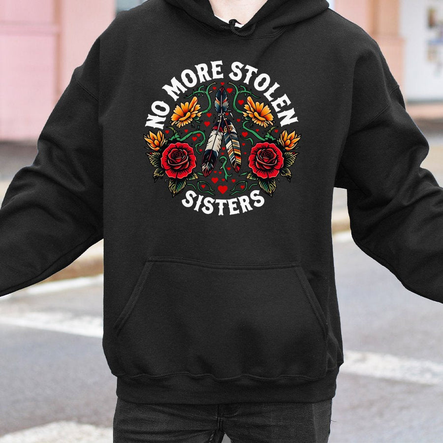 No More Stolen Sisters Hoodie | MMIW Awareness Floral Feather Graphic | Premium Cotton Blend | Indigenous Rights Social Justice Gift