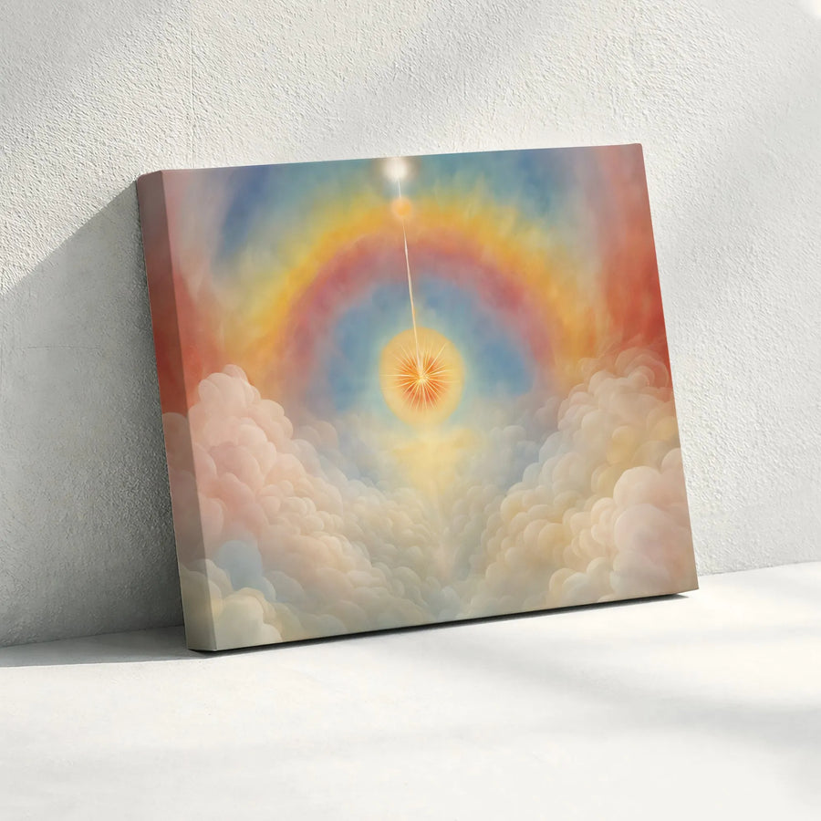 Celestial Rainbow Sun Canvas Print | Divine Light Cloud Artwork | Premium Gallery Wrapped Wall Decor | Spiritual Home Office Gift