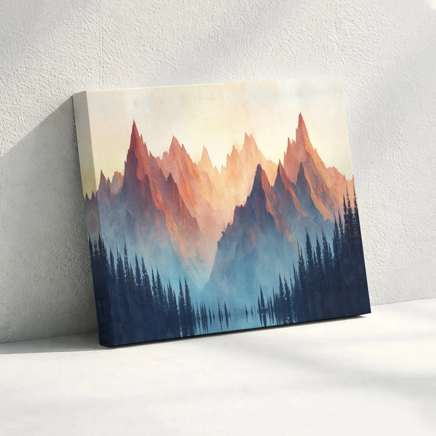 Mountain Landscape Canvas Print | Red Sunrise Misty Pine Forest | Premium Gallery Quality Wall Art | Nature Decor for Home or Office