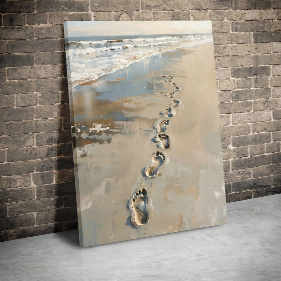 Beach Footprints Canvas Art | Textured Painterly Seascape | Premium Gallery Wrapped Canvas | Coastal Home Decor Gift