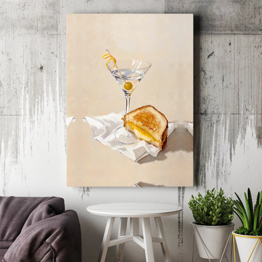 Martini and Grilled Cheese Canvas Print | Aesthetic Foodie Kitchen Wall Art | Premium Gallery Wrap Decor | Unique Gift for Bar Cart Enthusiasts