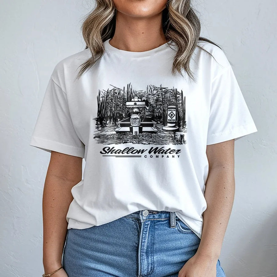 Shallow Water Boat T-Shirt | Marsh Duck Hunting Graphic | Premium Cotton Unisex Tee | Outdoorsman Gift For Hunter