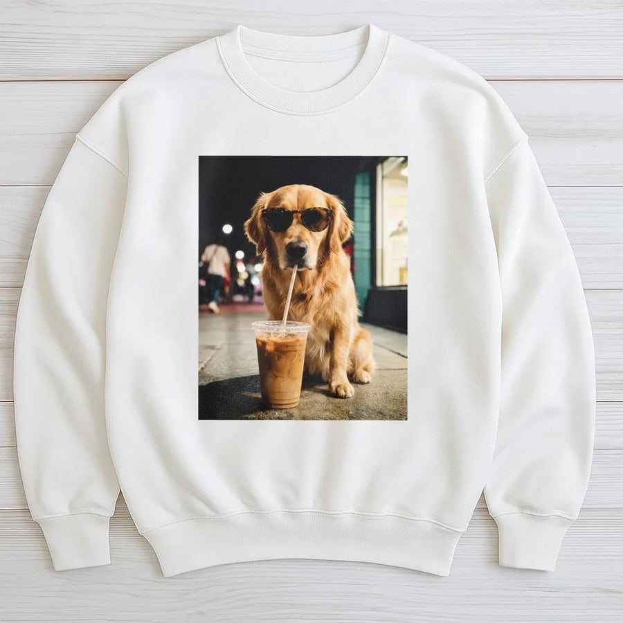 Golden Retriever Sweatshirt | Dog with Sunglasses Drinking Coffee Graphic | Premium Cotton Blend Sweatshirt | Funny Gift for Dog Lovers
