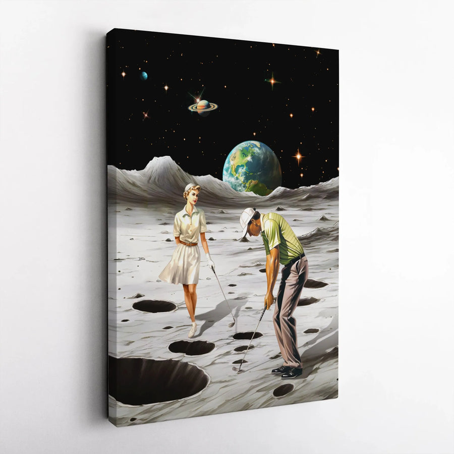 Golf On The Moon Canvas Art | Vintage Space Surrealism Wall Decor | Premium Fade-Resistant Print | Unique Gift For Golf Lovers & Astronauts