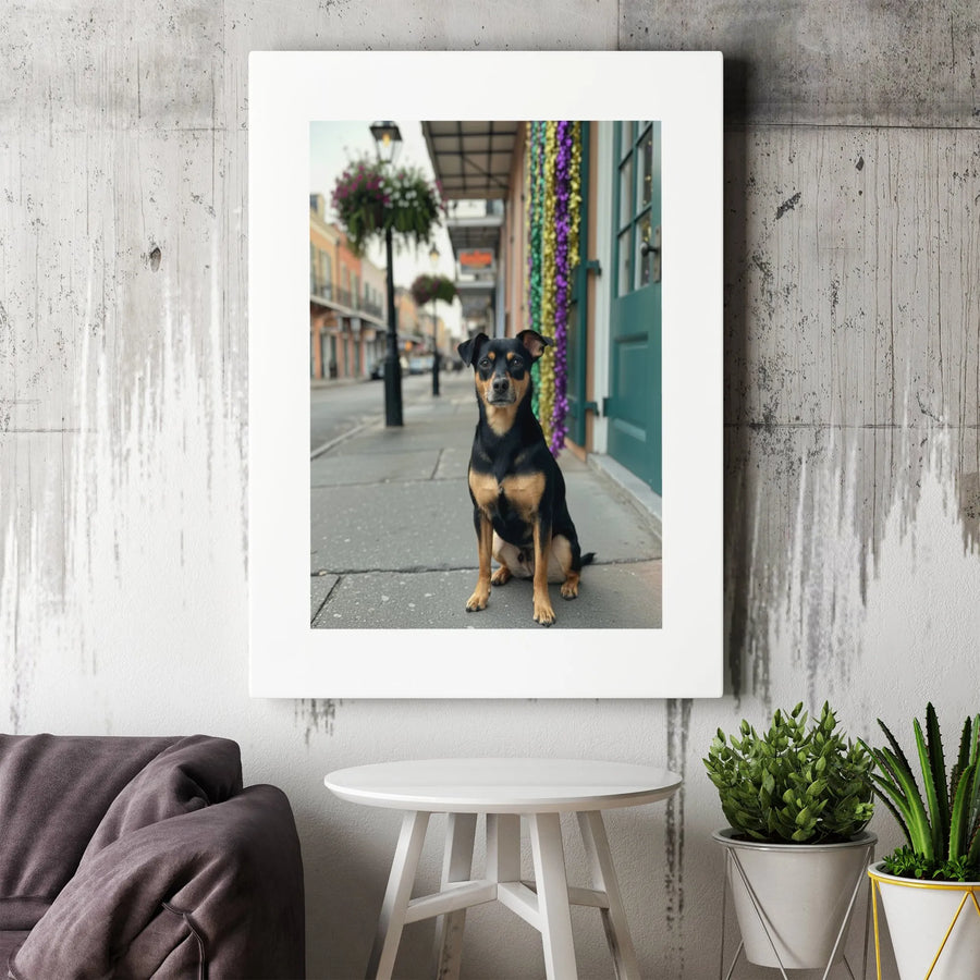 New Orleans French Quarter Dog Art | Realistic Black and Tan Dog Portrait | Premium 1.25-Inch Gallery Wrapped Canvas | Charming Home Decor Gift