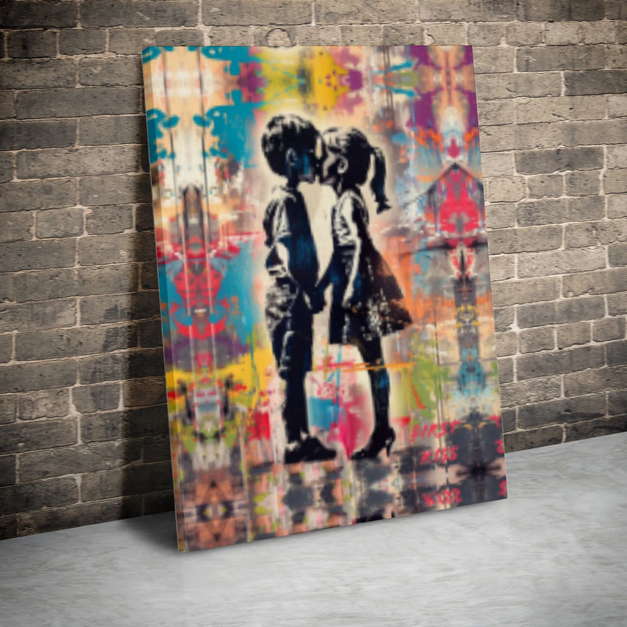 Kissing Children Graffiti Canvas Wall Art | Urban Street Style Lovers Decor | Premium 1.25" Gallery Wrap | Romantic Gift for Couples Home