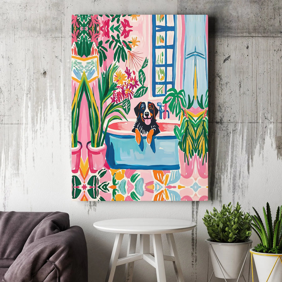 Bernese Mountain Dog Canvas Wall Art | Colorful Botanical Bath Decor | Premium Gallery Wrap Print | Whimsical Dog Lover Gift