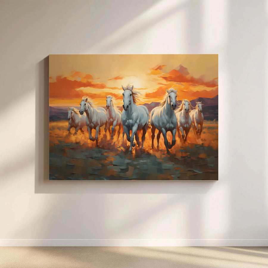 Seven White Horses Running Canvas Wall Art | Golden Sunset Landscape Painting | Premium Gallery Wrap | Western Home Decor Gift