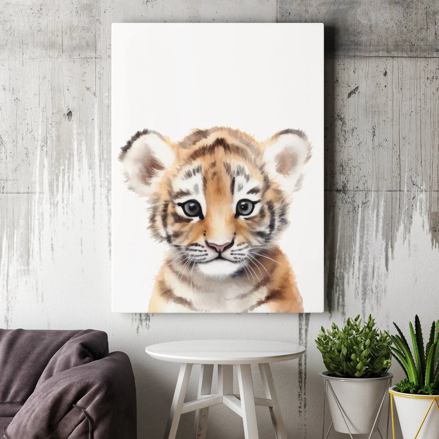 Baby Tiger Wall Art | Cute Watercolor Animal Print | Premium Gallery Wrapped Canvas | Nursery Decor or Wildlife Gift for Kids Room