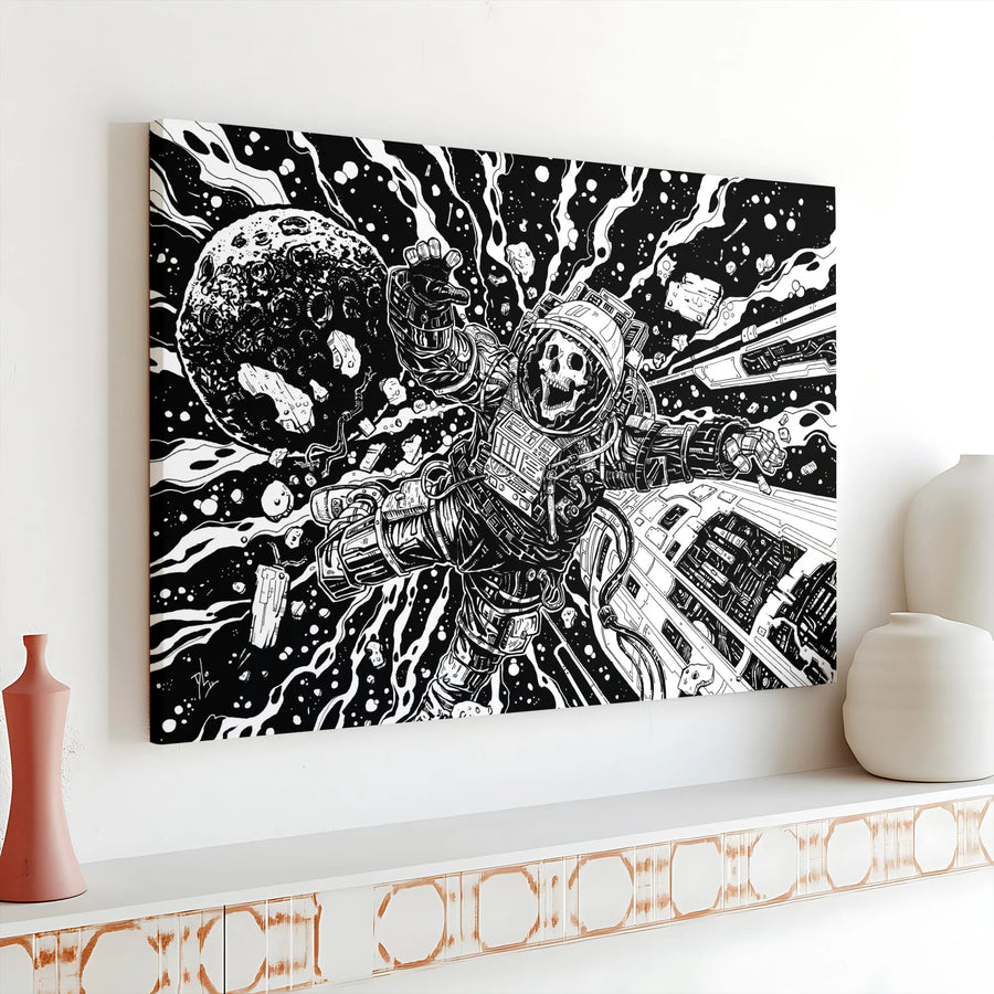 Skeleton Astronaut Canvas Wall Art | Black and White Gothic Sci-Fi Illustration | Premium Thick Gallery Wrap | Game Room Wall Decor Collector's Gift