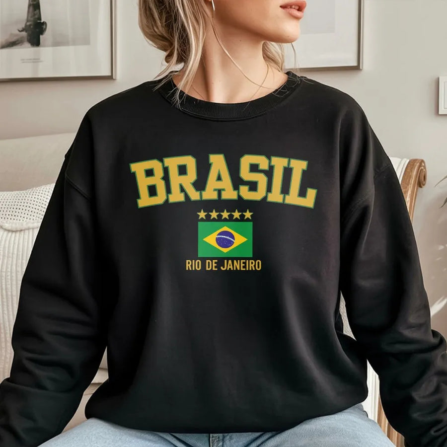 Brazil Sweatshirt | Rio de Janeiro Collegiate Style Graphic | Premium Brazilian Flag Crewneck | Unisex Souvenir Travel Gift