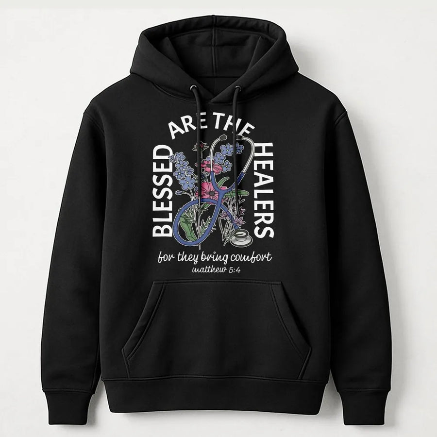 Blessed Are The Healers Hoodie | Stethoscope Floral Bible Verse Design | Premium Cotton-Blend | Christian Nurse Graduation Gift Idea