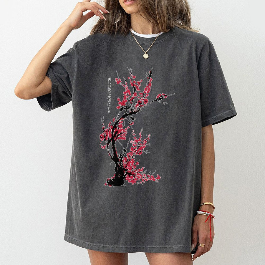 Japanese Cherry Blossom T-Shirt | Sakura Floral Botanical Graphic | 100% Cotton Premium Streetwear | Aesthetic Gift for Anime Fans