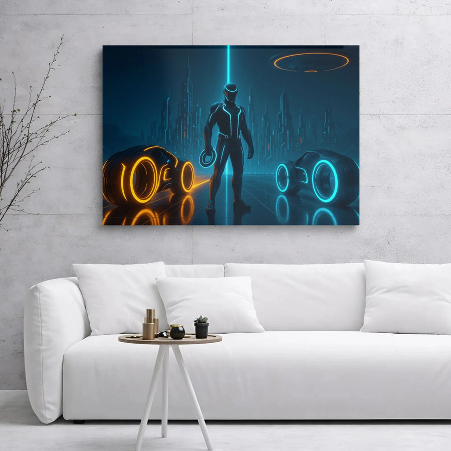 Cyberpunk Sci-Fi Canvas Wall Art | Neon Light Cycle Futuristic Character | 1.25 Inch Gallery Wrap | Gamer Room Decor & Gift for Tech Enthusiasts