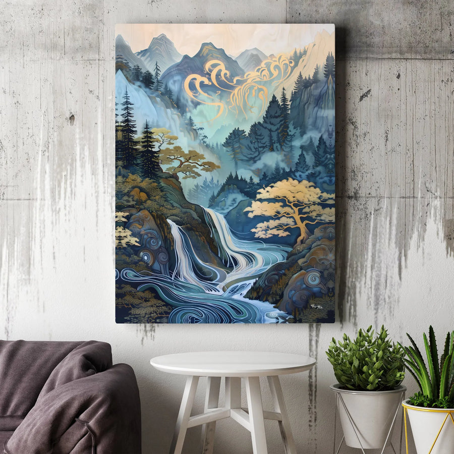 Japanese Mountain Landscape Canvas | Golden Swirl Waterfall Wall Art | Premium Gallery Wrapped Print | Zen Home Decor Gift