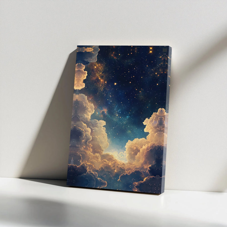 Celestial Night Sky Canvas Print | Golden Clouds & Stars Painting | Premium Frameless Gallery Wrap | Modern Home Decor Gift