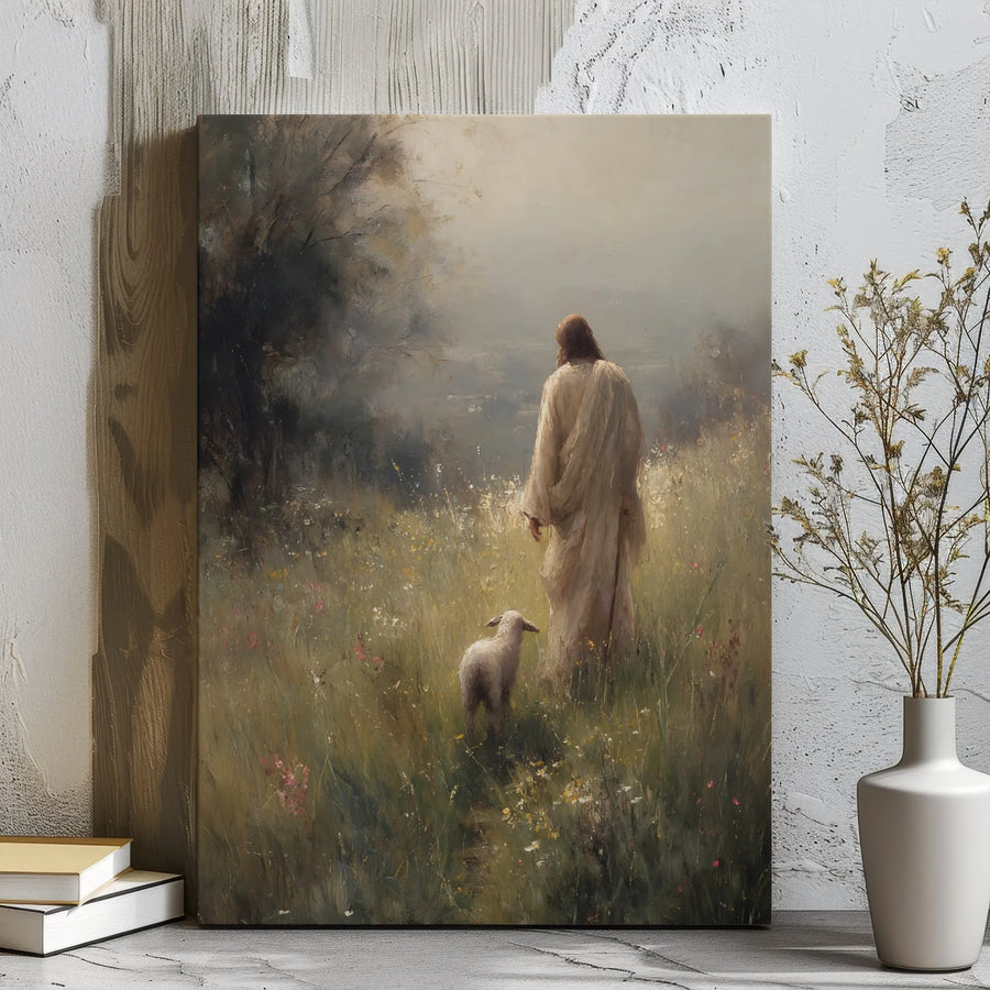 Jesus The Good Shepherd Canvas | Peaceful Lamb Field Painting | Premium Gallery Wrap Wall Art | Inspirational Religious Home Decor