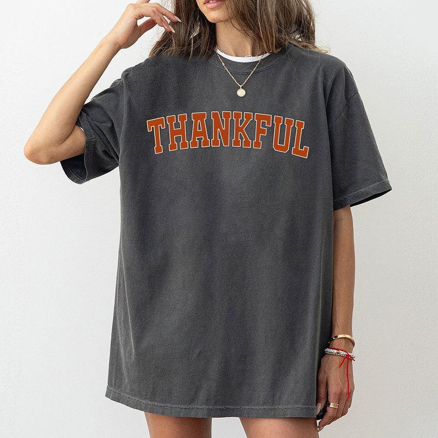 Thankful T-Shirt | Varsity College Font Graphic Tee | Premium 100% Cotton Shirt | Cute Fall Thanksgiving Gift for Women and Men