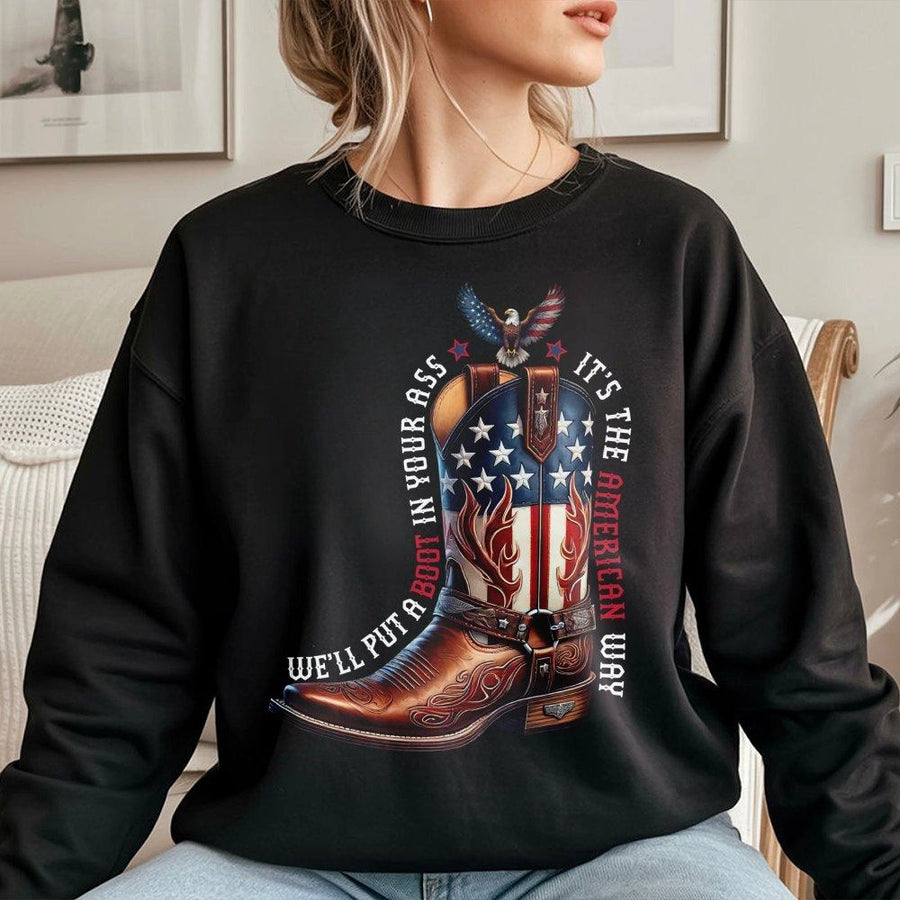 American Flag Cowboy Boot Sweatshirt | Patriotic Bald Eagle Graphic | Premium Cotton Blend | Funny Country Music Lover Gift for Men and Women