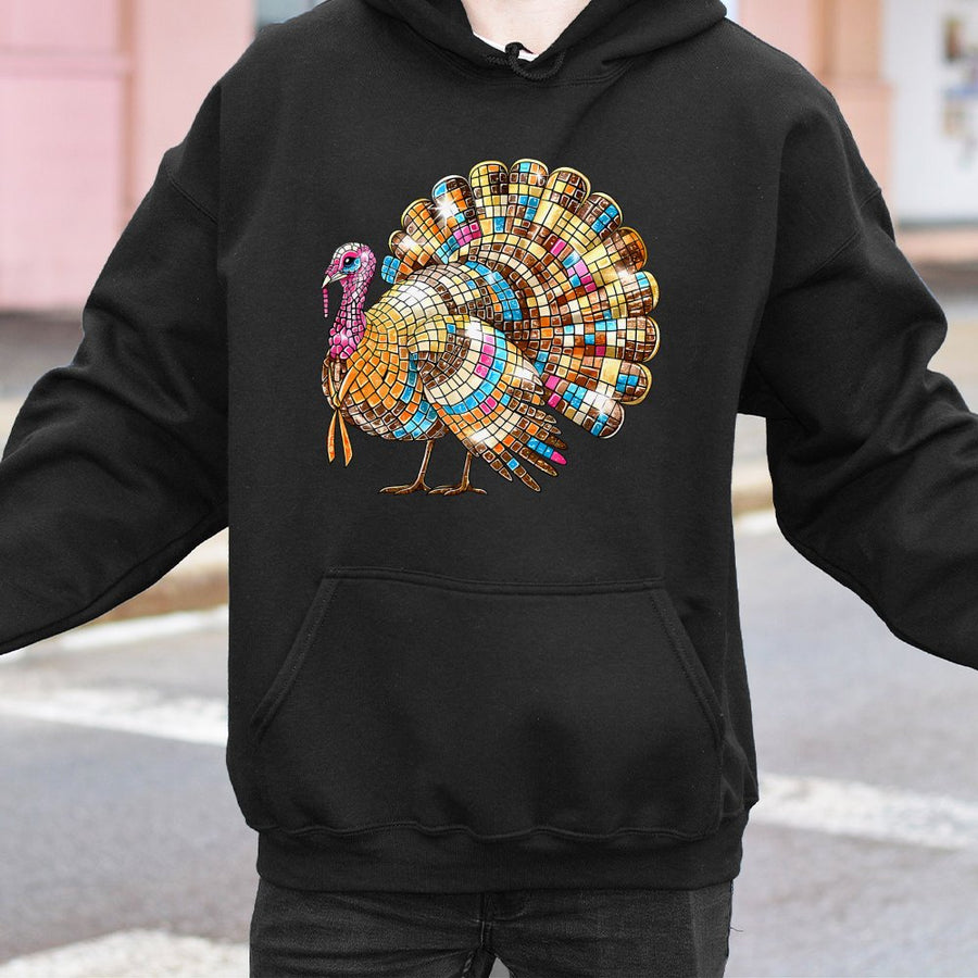 Thanksgiving Turkey Hoodie | Retro Disco Ball Mosaic Design | Premium Cotton-Poly Blend | Cute Fall Graphic Sweatshirt Gift for Her