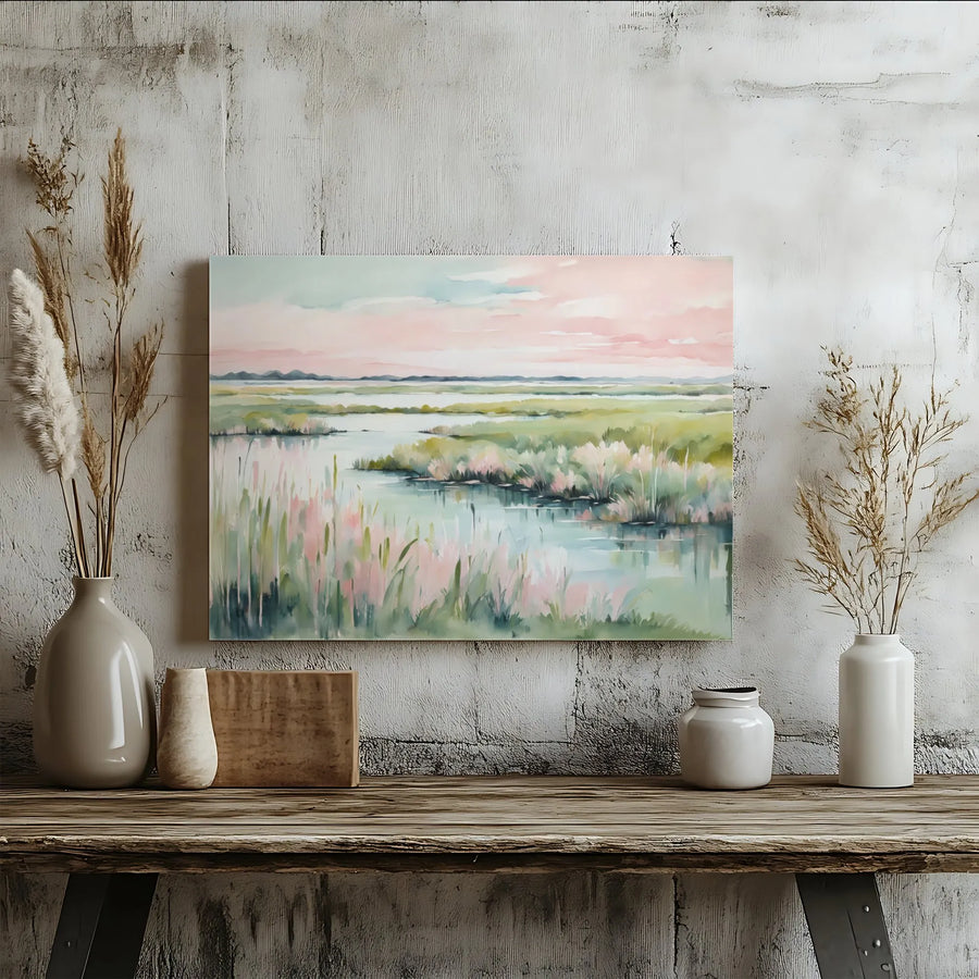 Watercolor Marsh Landscape Canvas | Pink Sunset Coastal Art Print | Gallery-Wrapped Premium Wall Decor | Serene Nature Home Gift