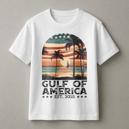 Gulf Of America T-Shirt | Retro Palm Tree Sunset Graphic | Premium Soft Cotton Tee | Patriotic Beach Vacation Gift For Men And Women