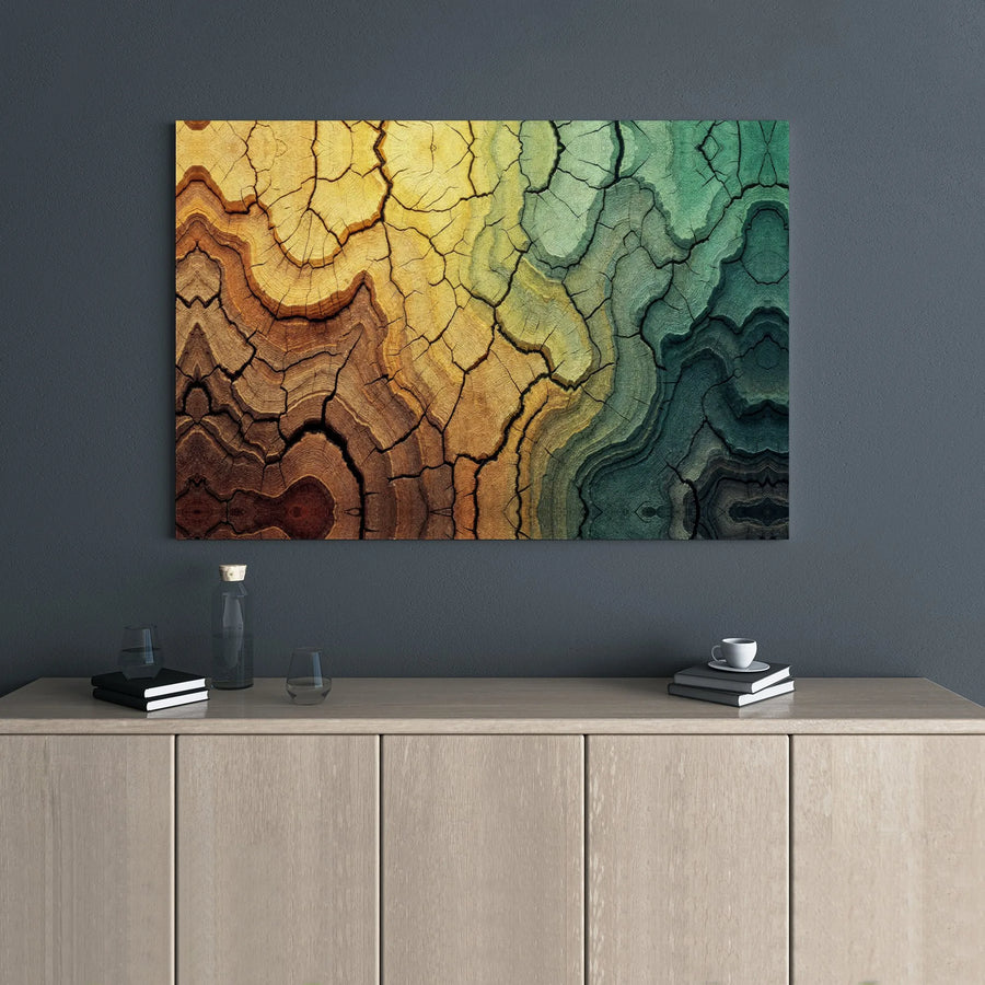 Abstract Wood Grain Canvas Wall Art | Cracked Texture Teal and Gold Gradient | Premium Gallery Wrap Print | Modern Living Room Home Decor