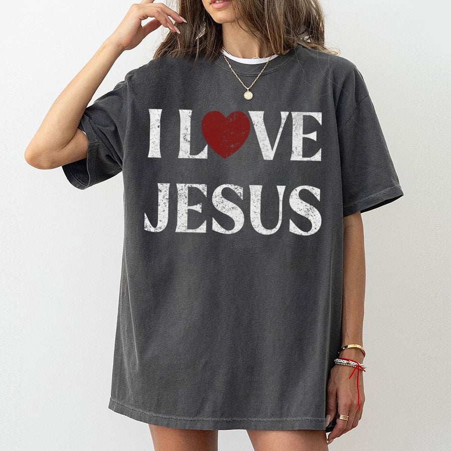 I Love Jesus T-Shirt | Distressed Red Heart Religious Graphic | 100% Cotton Premium Tee | Christian Faith Gift for Men and Women