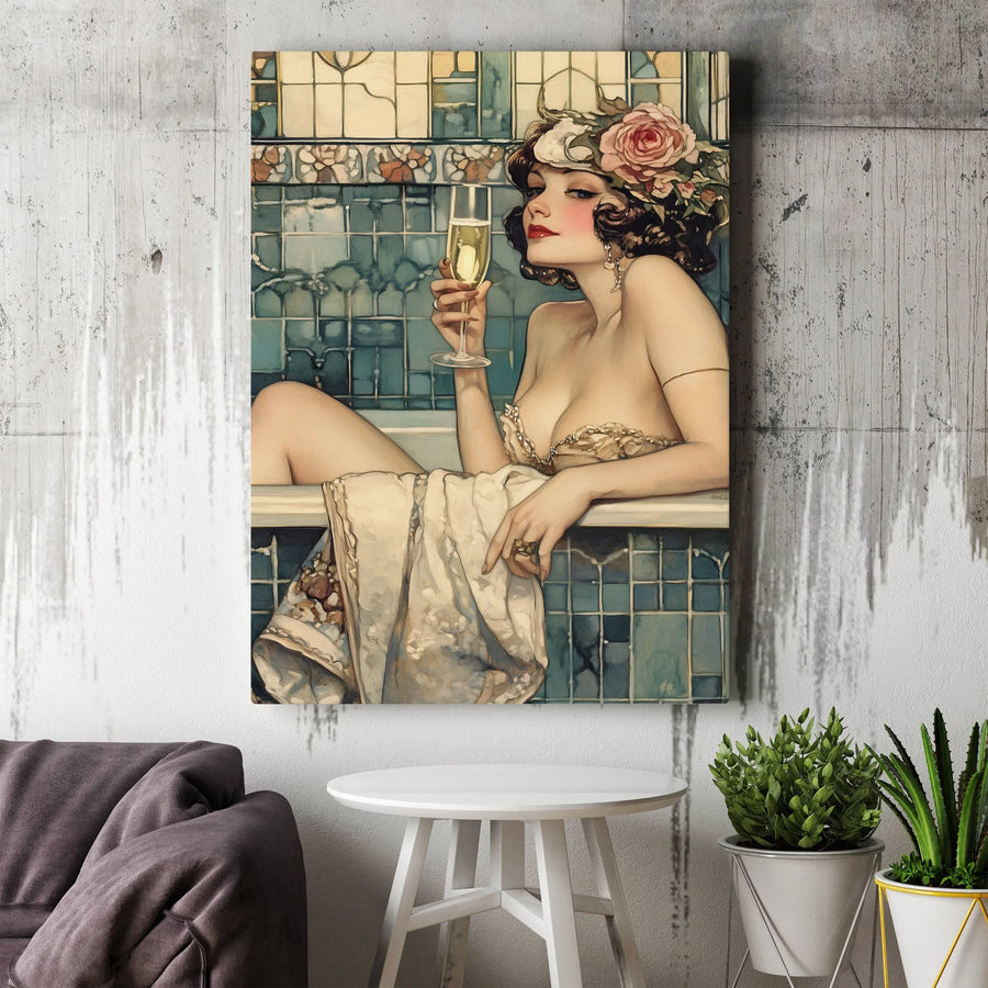 Vintage Art Deco Bathing Beauty Canvas | Champagne Diva Wall Art | Gallery Quality 1.25-Inch Profile | Glamorous Retro Home Decor Gift
