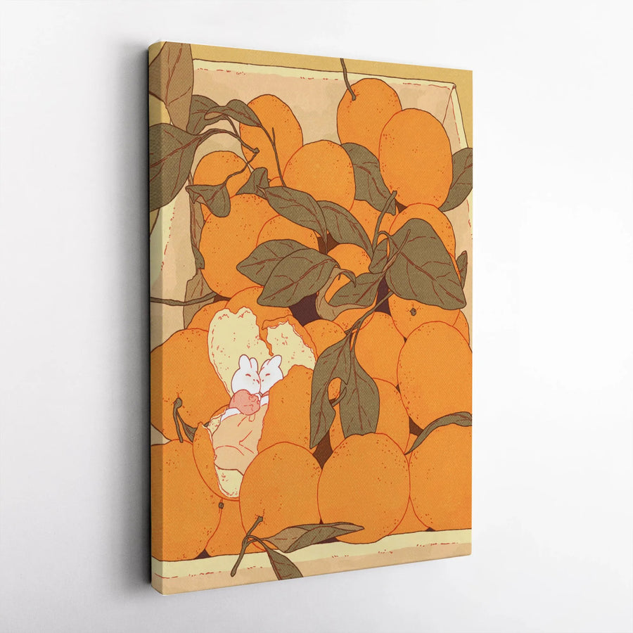 Cute Bunny Citrus Canvas Wall Art | Whimsical Rabbits in Orange Crate Illustration | Premium Frameless Canvas | Unique Kitchen & Nursery Decor Gift
