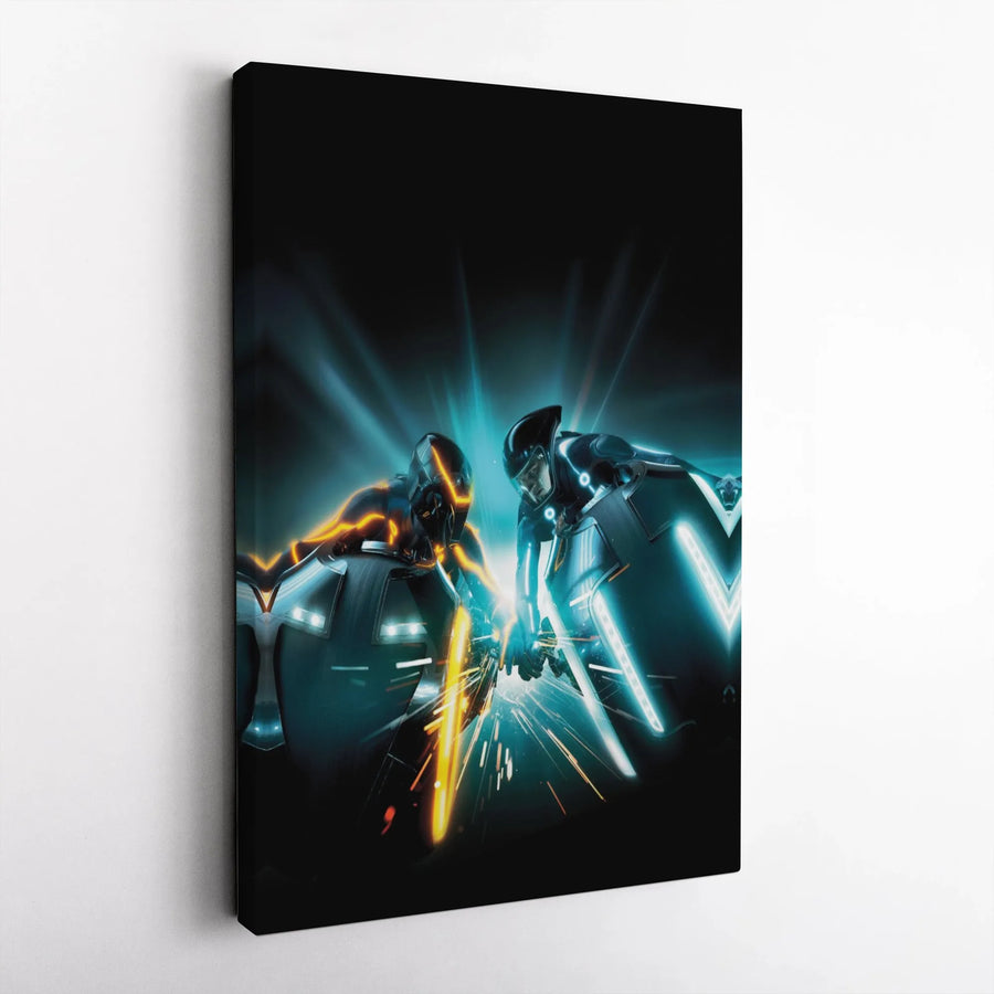 Sci-Fi Racing Light Cycle Canvas Print | Neon Cyberpunk Bike Battle Art | 1.25" Gallery Wrapped Wood Frame | Modern Gaming Room Wall Decor