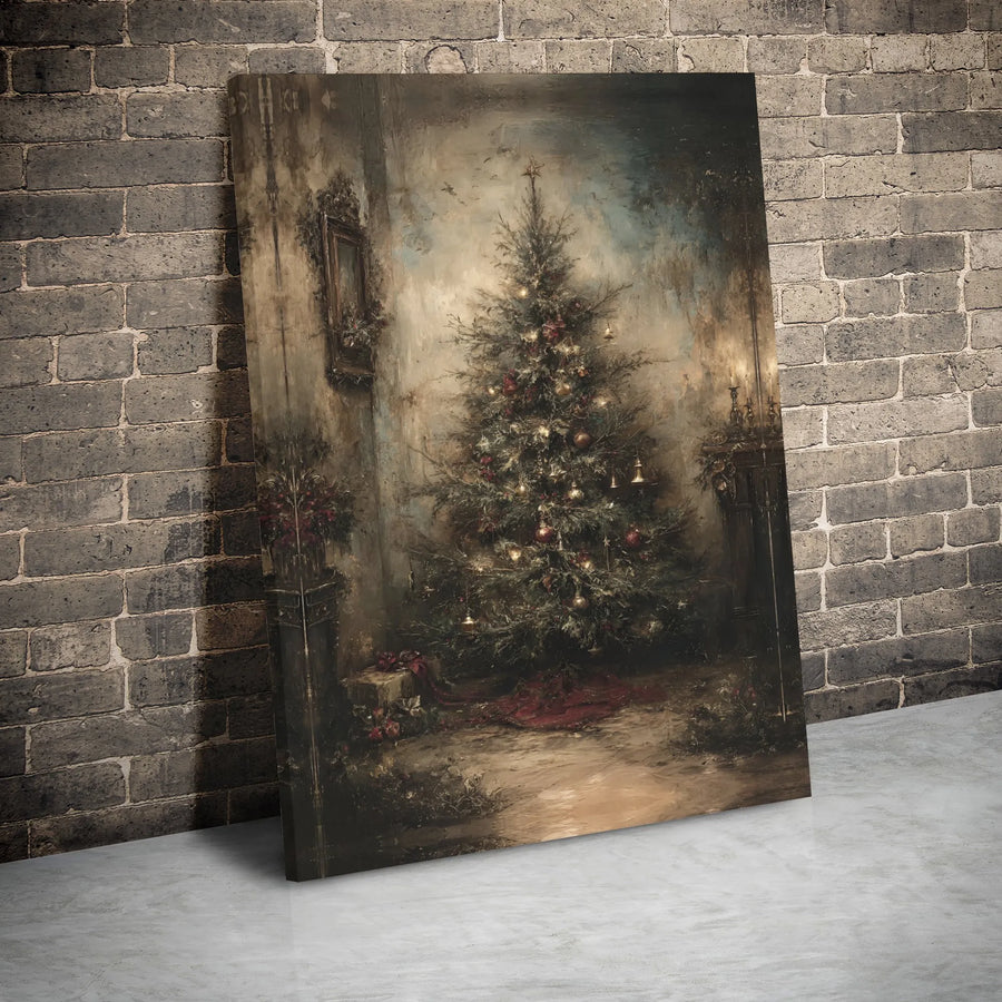 Vintage Christmas Tree Canvas Wall Art | Moody Oil Painting Style | Premium Gallery Wrap Decor | Holiday Home Gift