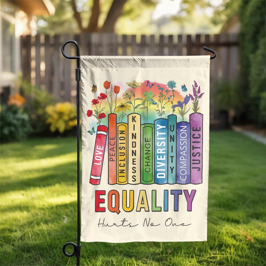 Equality Garden Flag | Colorful Book Stack Floral Yard Decor | Weather Resistant Polyester | Meaningful Gift For Teachers And Equality Advocates